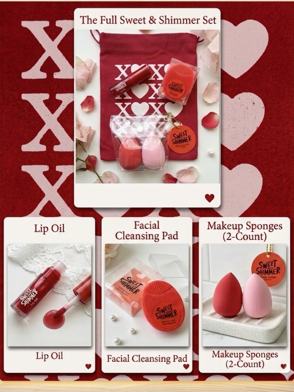 🎁Red Sweet & Shimmer Bundle: Lip Oil, Cleansing Pad, Makeup Sponges Set w Bag